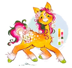 Size: 1070x1010 | Tagged: safe, artist:lutraviolet, imported from derpibooru, oc, oc only, earth pony, pony, abstract background, blushing, bracelet, chest fluff, coat markings, facial markings, female, flower, flower in hair, flower in tail, freckles, jewelry, mare, mealy mouth (coat marking), reference sheet, solo, star (coat marking), tail, unshorn fetlocks
