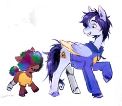 Size: 1640x1415 | Tagged: safe, artist:lutraviolet, imported from derpibooru, earth pony, pegasus, pony, afro, amputee, clothes, colored wings, duo, foal, hair over eyes, hoodie, male, mcyt, pac (qsmp), ponified, prosthetic leg, prosthetic limb, prosthetics, qsmp, richarlyson (qsmp), scar, shirt, snaggletooth, stallion, t-shirt, torn ear, unshorn fetlocks, wings, youtuber