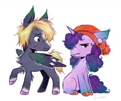 Size: 1679x1395 | Tagged: safe, artist:lutraviolet, imported from derpibooru, pegasus, pony, unicorn, beanie, beauty mark, chayanne (qsmp), chest fluff, colored wings, colt, duo, ear piercing, earring, female, filly, foal, hat, horn, jewelry, male, mcyt, piercing, qsmp, scar, simple background, sitting, tallulah (qsmp), unshorn fetlocks, white background, wings