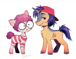 Size: 1666x1293 | Tagged: safe, artist:lutraviolet, imported from derpibooru, earth pony, pony, unicorn, afro, backwards ballcap, baseball cap, cap, chest fluff, clothes, colt, duo, female, filly, foal, gills, glasses, hat, horn, leonarda (qsmp), male, mcyt, pepito (qsmp), ponified, qsmp, ribs, unshorn fetlocks