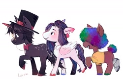 Size: 2015x1372 | Tagged: safe, artist:lutraviolet, imported from derpibooru, earth pony, pegasus, pony, unicorn, afro, amputee, bowtie, clothes, coat markings, colt, dapper (qsmp), dappled, ear fluff, ear piercing, earring, female, filly, foal, hat, horn, jewelry, male, mcyt, monocle, piercing, pomme (qsmp), ponified, prosthetic leg, prosthetic limb, prosthetics, qsmp, richarlyson (qsmp), shirt, snaggletooth, t-shirt, top hat, torn ear, trio, unshorn fetlocks