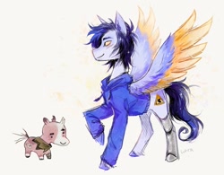 Size: 1303x1018 | Tagged: safe, artist:lutraviolet, imported from derpibooru, pegasus, pony, unicorn, amputee, broken horn, cloak, clothes, colored wings, duo, eye scar, facial scar, fitmc, gay, hoodie, horn, male, mcyt, meme, pac (qsmp), ponified, prosthetic leg, prosthetic limb, prosthetics, qsmp, scar, shipping, spread wings, stallion, the bride and the ugly ass groom, torn ear, unshorn fetlocks, wings, youtuber