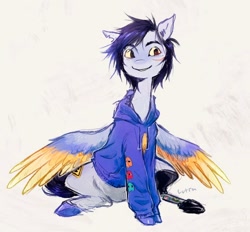 Size: 1040x964 | Tagged: safe, artist:lutraviolet, imported from derpibooru, pegasus, pony, amputee, clothes, colored wings, hoodie, male, mcyt, pac (qsmp), ponified, prosthetic leg, prosthetic limb, prosthetics, qsmp, scar, sitting, solo, spread wings, stallion, torn ear, wings, youtuber