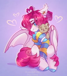 Size: 1814x2048 | Tagged: safe, artist:lerkfruitbat, imported from derpibooru, oc, oc only, bat pony, pony, blushing, clothes, ear piercing, ear tufts, earring, female, floating heart, heart, jewelry, mare, piercing, plushie, solo, sweater, teddy bear