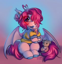 Size: 1994x2048 | Tagged: safe, artist:lerkfruitbat, imported from derpibooru, oc, oc only, bat pony, pony, blushing, clothes, drink, ear piercing, ear tufts, earring, eye clipping through hair, eyebrows, eyebrows visible through hair, female, floating heart, heart, jewelry, looking at you, mare, mug, piercing, plushie, sitting, solo, sweater, teddy bear, unshorn fetlocks