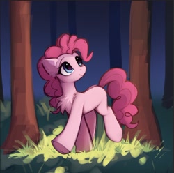 Size: 1404x1393 | Tagged: safe, artist:lerkfruitbat, imported from derpibooru, pinkie pie, earth pony, pony, chest fluff, ear fluff, female, forest, mare, nature, solo, tree