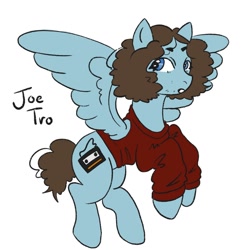 Size: 2000x2000 | Tagged: safe, artist:lastmidtownshowmp3, imported from derpibooru, pegasus, pony, blue coat, blue eyes, clothes, curly hair, fall out boy, flying, joe trohman, looking sideways, midair, name, ponified, simple background, solo, spread wings, sweater, white background, wings