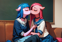 Size: 1216x832 | Tagged: safe, imported from derpibooru, pinkie pie, oc, oc:cosmia nebula, anthro, ai content, ai generated, clothes, female, generator:pony diffusion v6 xl, generator:stable diffusion, kissing, lesbian, pinkamena diane pie, prompt in description, prompter:kopaleo, school uniform