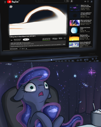 Size: 2316x2899 | Tagged: safe, artist:ciborgen, imported from derpibooru, princess luna, alicorn, pony, black hole, computer, female, floppy ears, high res, hug, mare, open mouth, solo, tail, tail hug, youtube