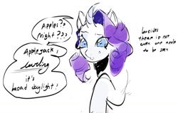 Size: 1249x792 | Tagged: safe, artist:meykeyii, imported from derpibooru, rarity, pony, unicorn, confused, curved horn, dialogue, female, horn, implied applejack, implied lesbian, implied rarijack, implied shipping, mare, offscreen character, simple background, solo, speech bubble, sweat, white background