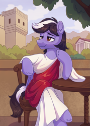 Size: 1779x2480 | Tagged: safe, artist:skysorbett, imported from derpibooru, oc, oc only, oc:violett spectrum, pegasus, pony, building, chair, clothes, folded wings, greek, greek clothes, greek mythology, male, pegasus oc, sitting, smiling, solo, stallion, table, toga, tree, wings