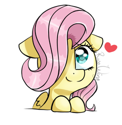 Size: 1760x1805 | Tagged: safe, artist:flutterbug18, imported from derpibooru, fluttershy, pegasus, pony, cute, daaaaaaaaaaaw, female, floating heart, floppy ears, hair over one eye, heart, looking up, mare, shyabetes, signature, simple background, smiling, solo, white background