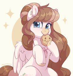 Size: 1920x2000 | Tagged: safe, artist:skysorbett, imported from derpibooru, oc, oc only, oc:strawberry milk, pegasus, pony, beige coat, brown mane, brown tail, clothes, cookie, ear piercing, eating, facial markings, female, food, looking at you, mare, pegasus oc, piercing, scarf, simple background, smiling, solo, sparkles, tail, wings