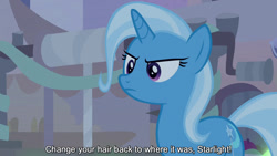 Size: 1280x720 | Tagged: safe, edit, edited screencap, editor:jaredking779, imported from derpibooru, screencap, trixie, pony, unicorn, road to friendship, season 8, spoiler:s08, angry, caption, female, horn, mare, solo, text