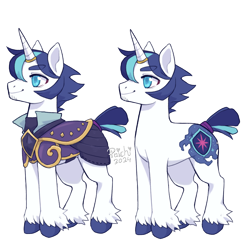 Size: 1752x1800 | Tagged: safe, artist:paichitaron, imported from derpibooru, shining armor, pony, unicorn, alternate design, alternate hairstyle, armor, eyebrows, eyebrows visible through hair, horn, horn ring, jewelry, male, outline, ring, short mane, simple background, smiling, solo, stallion, stubble, transparent background, white outline