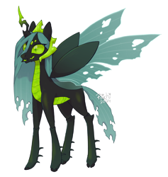 Size: 1990x2096 | Tagged: safe, artist:paichitaron, imported from derpibooru, queen chrysalis, changeling, changeling queen, alternate design, fangs, female, green sclera, outline, simple background, slit pupils, solo, spread wings, transparent background, white outline, wings