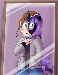 Size: 939x1200 | Tagged: safe, artist:icefire, imported from derpibooru, nightmare rarity, human, pony, unicorn, glasses, horn, human to pony, mirror, possession, transformation, transformation sequence