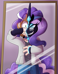 Size: 940x1200 | Tagged: safe, artist:icefire, imported from derpibooru, nightmare rarity, human, pony, unicorn, evil grin, glasses, grin, horn, human to pony, mirror, possession, smiling, transformation, transformation sequence