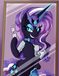 Size: 939x1200 | Tagged: safe, artist:icefire, imported from derpibooru, nightmare rarity, human, pony, unicorn, bipedal, evil grin, glasses, grin, horn, human to pony, mirror, possession, smiling, transformation, transformation sequence