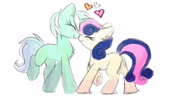 Size: 3840x2160 | Tagged: safe, artist:lbrcloud, imported from derpibooru, bon bon, lyra heartstrings, sweetie drops, earth pony, pony, unicorn, boop, duo, eyes closed, female, happy, heart, horn, lesbian, lyrabon, missing cutie mark, noseboop, nuzzling, shipping, simple background, smiling, white background