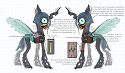 Size: 1700x1000 | Tagged: safe, artist:emptygoldstudio, imported from derpibooru, queen chrysalis, changeling, changeling queen, alternate hairstyle, bag, bottle, face mask, female, looking at you, mask, mlp infection, saddle bag, short mane, simple background, solo, syringe, text, torn ear, vial, white background