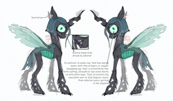 Size: 1700x1000 | Tagged: safe, alternate version, artist:emptygoldstudio, imported from derpibooru, queen chrysalis, changeling, changeling queen, alternate hairstyle, female, looking at you, mlp infection, short mane, simple background, solo, teeth, text, torn ear, white background