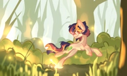 Size: 1600x962 | Tagged: safe, artist:kingdom, imported from derpibooru, oc, oc only, earth pony, pony, bush, forest, grass, nature, outdoors, running, smiling, solo, tree