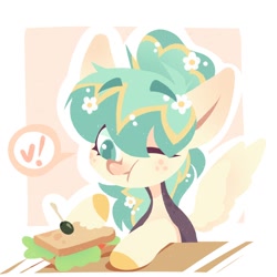 Size: 1500x1500 | Tagged: safe, artist:kingdom, imported from derpibooru, oc, oc only, pegasus, pony, eating, food, green mane, outline, sandwich, solo, tan coat, white outline