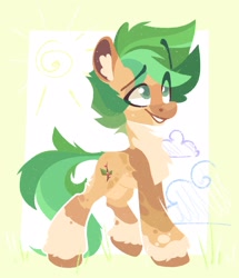 Size: 1373x1600 | Tagged: safe, artist:kingdom, imported from derpibooru, oc, oc only, earth pony, pony, brown coat, green mane, green tail, lineless, simple background, smiling, solo, tail