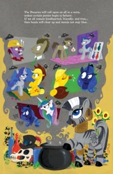 Size: 1331x2048 | Tagged: safe, artist:andypriceart, idw, imported from derpibooru, applejack, doctor whooves, plumb bob, princess celestia, princess luna, rarity, time turner, zecora, alicorn, earth pony, unicorn, zebra, spoiler:comic, spoiler:comic41, angry, dreary, female, grumpy, horn, male, mare, necktie, official comic, rage, tongue out, yelling