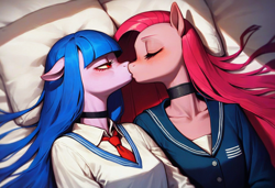 Size: 1216x832 | Tagged: safe, imported from derpibooru, pinkie pie, oc, oc:cosmia nebula, anthro, ai content, ai generated, clothes, female, generator:pony diffusion v6 xl, generator:stable diffusion, kissing, lesbian, pinkamena diane pie, prompt in description, prompter:kopaleo, school uniform