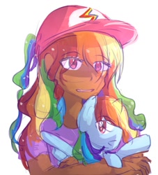 Size: 1091x1200 | Tagged: safe, artist:snowzaaah, imported from derpibooru, rainbow dash, human, pony, holding a pony, human ponidox, humanized, self paradox, self ponidox, solo