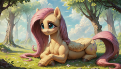 Size: 1920x1088 | Tagged: safe, imported from derpibooru, fluttershy, pegasus, pony, ai assisted, ai content, blushing, cloud, cute, folded wings, generator:autismmix confetti, generator:stable diffusion, grass, lying down, meadow, ponyloaf, prompter:truekry, prone, shyabetes, sky, smiling, solo, tree, wallpaper, wings