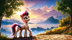 Size: 1920x1080 | Tagged: safe, imported from derpibooru, zipp storm, pegasus, pony, ai content, forest, g5, mountain, nature, scenery, sky, solo, tree, walking, water