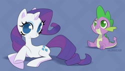 Size: 3658x2084 | Tagged: safe, artist:valorous_kid, imported from derpibooru, rarity, spike, dragon, pony, unicorn, abstract background, duo, female, horn, lying down, male, mare, prone, sitting