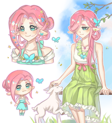 Size: 1282x1401 | Tagged: safe, artist:qiongyu61402, imported from derpibooru, fluttershy, butterfly, goat, human, chibi, clothes, dress, elf ears, humanized, petting, sky background, smiling, sparkles, tree branch