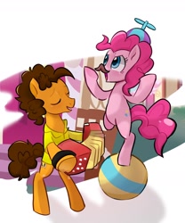 Size: 1460x1754 | Tagged: safe, artist:xinjinjumin718319732303, imported from derpibooru, cheese sandwich, pinkie pie, earth pony, pony, accordion, balancing, balloon, bipedal, eyes closed, fake moustache, female, hat, male, mare, musical instrument, open mouth, ponyville, propeller hat, simple background, smiling, stallion, white background