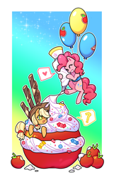 Size: 1800x2800 | Tagged: safe, artist:shedu256, imported from derpibooru, applejack, pinkie pie, earth pony, pony, apple, balloon, cream, eyes closed, female, floating, food, giant apple, gradient background, grin, heart, mare, open mouth, outline, passepartout, question mark, smiling, speech bubble, then watch her balloons lift her up to the sky, white outline