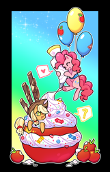 Size: 1800x2800 | Tagged: safe, alternate version, artist:shedu256, imported from derpibooru, applejack, pinkie pie, earth pony, pony, apple, balloon, cream, eyes closed, female, floating, food, giant apple, gradient background, grin, heart, mare, open mouth, outline, passepartout, question mark, smiling, speech bubble, then watch her balloons lift her up to the sky, white outline