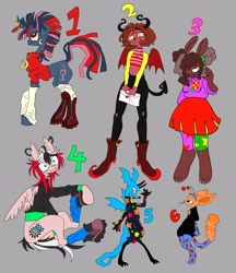 Size: 2670x3087 | Tagged: safe, artist:eyerealm, imported from derpibooru, oc, oc only, anthro, dragon, pegasus, pony, rabbit, unicorn, adoptable, animal, clothes, ear piercing, earring, female, furry, gray background, hoof shoes, horn, horn ring, jacket, jewelry, leg warmers, necklace, piercing, ring, simple background, sitting, socks, sweater