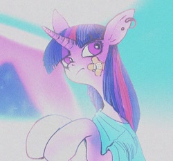 Size: 934x867 | Tagged: safe, artist:eyerealm, imported from derpibooru, twilight sparkle, pony, unicorn, abstract background, bandage, bandaid, clothes, ear piercing, earring, female, hospital gown, jewelry, mare, piercing, solo, unicorn twilight