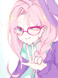 Size: 1080x1440 | Tagged: safe, artist:laiyiwanma82098, imported from derpibooru, fluttershy, human, alternate hairstyle, blushing, glasses, hat, hipstershy, humanized, looking at you, one eye closed, simple background, smiling, smiling at you, solo, three fingers, white background, wink