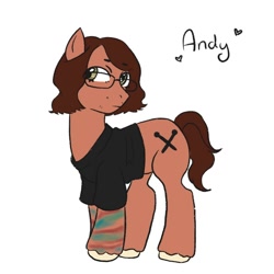 Size: 2000x2000 | Tagged: safe, artist:lastmidtownshowmp3, imported from derpibooru, earth pony, pony, andy hurley, black shirt, brown mane, brown tail, clothes, fall out boy, floating heart, flying, glasses, hazel eyes, heart, looking sideways, name, ponified, shirt, simple background, solo, standing, t-shirt, tail, unshorn fetlocks, white background, white hooves