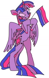 Size: 805x1285 | Tagged: safe, artist:eyerealm, imported from derpibooru, twilight sparkle, alicorn, pony, bisexual pride flag, bisexuality, curved horn, female, headcanon, heterochromia, hoof hold, horn, mare, pride, pride flag, sexuality headcanon, simple background, solo, twilight sparkle (alicorn), white background