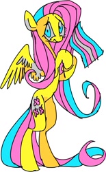 Size: 733x1179 | Tagged: safe, artist:eyerealm, imported from derpibooru, fluttershy, pegasus, pony, bipedal, female, gender headcanon, hoof hold, mare, pride, pride flag, simple background, solo, trans female, trans fluttershy, transgender, transgender pride flag, white background
