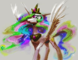 Size: 2316x1788 | Tagged: safe, artist:eyerealm, imported from derpibooru, princess celestia, alicorn, pony, female, hair over one eye, jewelry, mare, peytral, regalia, simple background, solo, spread wings, wings