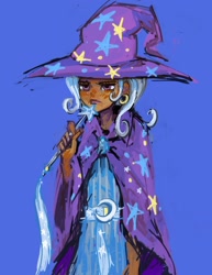 Size: 1512x1959 | Tagged: safe, artist:eyerealm, imported from derpibooru, trixie, human, blue background, cape, clothes, dark skin, ear piercing, earring, female, hat, humanized, jewelry, piercing, simple background, solo, trixie's cape, trixie's hat, wand
