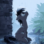 Size: 1776x1780 | Tagged: safe, imported from derpibooru, oc, oc only, pegasus, pony, ai content, ai generated, brick wall, floppy ears, frown, generator:novelai, generator:stable diffusion, looking up, male, outdoors, pegasus oc, plant, puddle, rain, sad, sitting, sky, solo, stallion, wings
