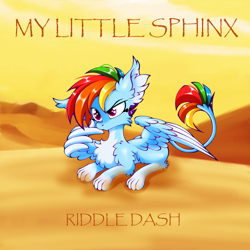 Size: 2500x2500 | Tagged: safe, artist:rurihal, imported from derpibooru, rainbow dash, sphinx, chest fluff, desert, ear fluff, fluffy, solo, species swap, sphinxified