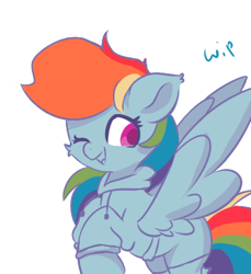 Size: 646x704 | Tagged: safe, artist:skylinepony_, imported from derpibooru, rainbow dash, pegasus, pony, clothes, cute, female, flying, looking at you, mare, one eye closed, simple background, smiling, solo, spread wings, white background, wings